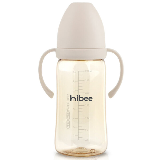 正韓 hibee 靜謐i瓶 仿媽咪乳房感 『八孔360°循環防脹氣 』PPSU 寬口奶瓶/水瓶270ml_含把手_奶茶_HB3N