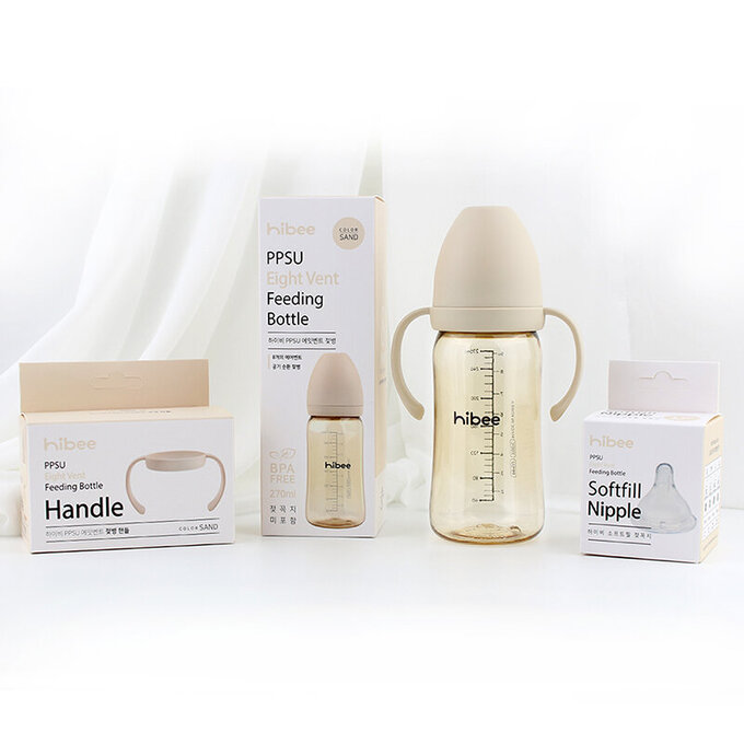 正韓 hibee 靜謐i瓶 仿媽咪乳房感 『八孔360°循環防脹氣 』PPSU 寬口奶瓶/水瓶270ml_含把手_奶茶_HB3N