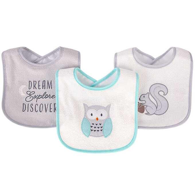 美國 luvable friends 甜蜜寶貝  嬰幼兒口水巾圍兜3入組(上層棉質吸水/底層防水)_貓頭鷹弟弟_LF00238