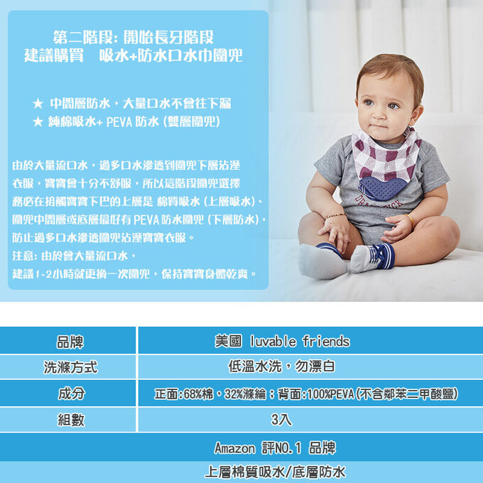 美國 luvable friends 甜蜜寶貝  嬰幼兒口水巾圍兜3入組(上層棉質吸水/底層防水)_優雅貓頭鷹_LF00251