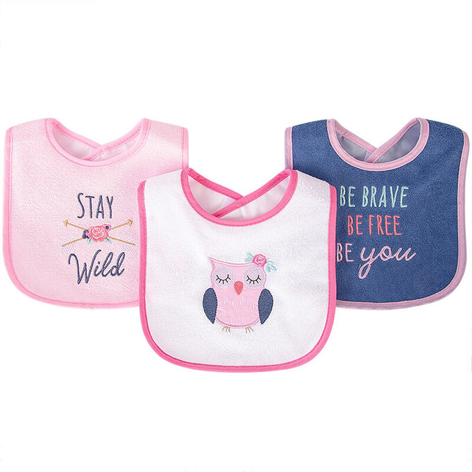 美國 luvable friends 甜蜜寶貝  嬰幼兒口水巾圍兜3入組(上層棉質吸水/底層防水)_優雅貓頭鷹_LF00251