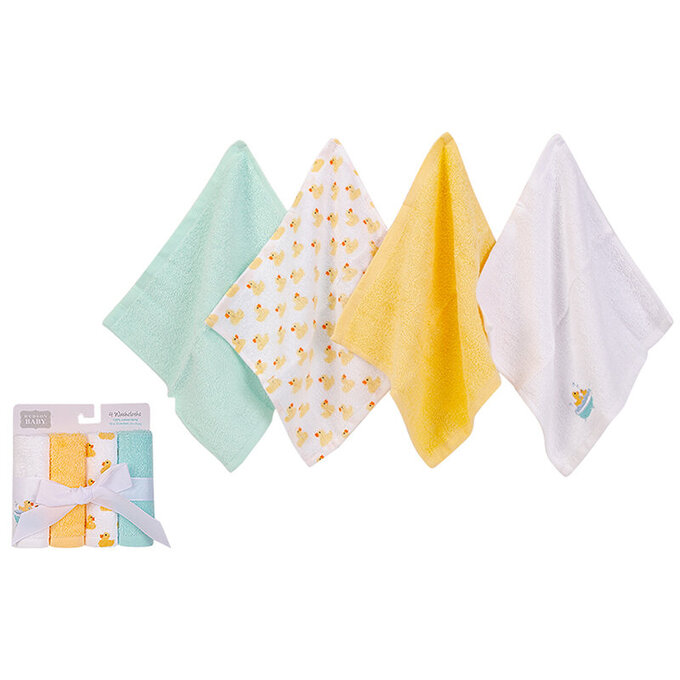 美國 luvable friends 甜蜜寶貝 100%純棉嬰幼兒小方巾/洗澡巾/擦嘴巾4入組(25*25cm)_黃色小鴨_LF05299