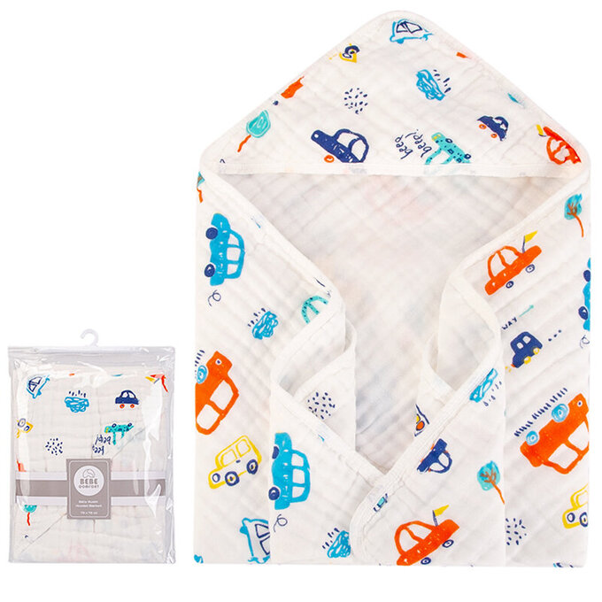 美國 luvable friends 甜蜜寶貝  6層紗連帽安撫包巾/嬰兒被/蓋毯(送禮自用皆可) 76*76cm_汽車噗噗_LF51501