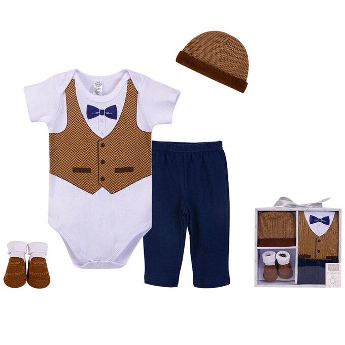 美國 luvable friends 甜蜜寶貝  嬰幼兒包屁衣與長褲最佳送禮4入彌月禮盒組_英倫風格_LF77001