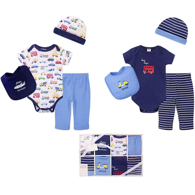 美國 luvable friends 甜蜜寶貝  嬰幼兒包屁衣與長褲最佳送禮8入彌月禮盒組_交通大隊_LF10190