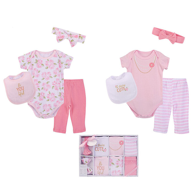 美國 luvable friends 甜蜜寶貝  嬰幼兒包屁衣與長褲最佳送禮8入彌月禮盒組_玫瑰公主(LF77014)