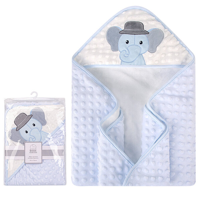 美國 luvable friends 甜蜜寶貝  超柔軟繡花連帽泡泡毯/包巾/嬰兒被/安撫毯 75x75cm_藍大象_LF51915