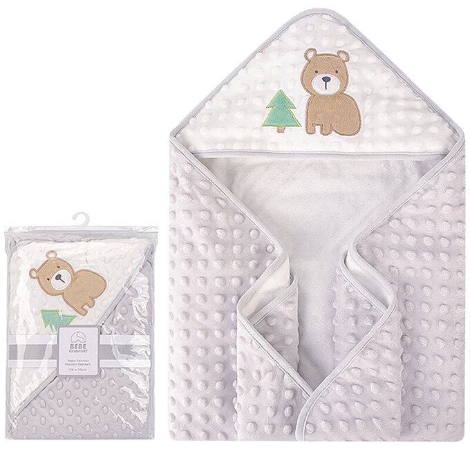 美國 luvable friends 甜蜜寶貝  超柔軟繡花連帽泡泡毯/包巾/嬰兒被/安撫毯 75x75cm_熊寶貝_LF51916