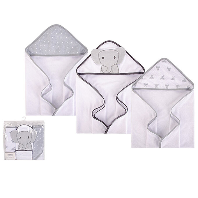 美國 luvable friends 甜蜜寶貝 嬰幼兒可愛動物連帽浴巾/包巾3入組 71*71cm(送禮自用皆可)_灰象家族_LF57894