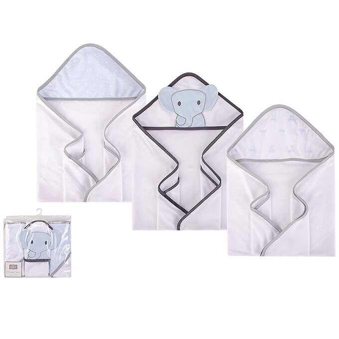 美國 luvable friends 甜蜜寶貝 嬰幼兒可愛動物連帽浴巾/包巾3入組 71*71cm(送禮自用皆可)_藍象家族_LF57895