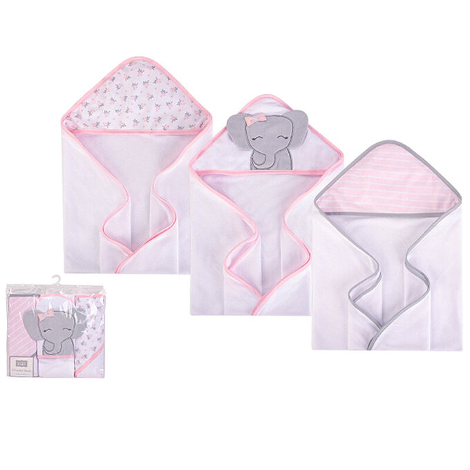 美國 luvable friends 甜蜜寶貝 嬰幼兒可愛動物連帽浴巾/包巾3入組 71*71cm(送禮自用皆可)_粉象家族_LF57900
