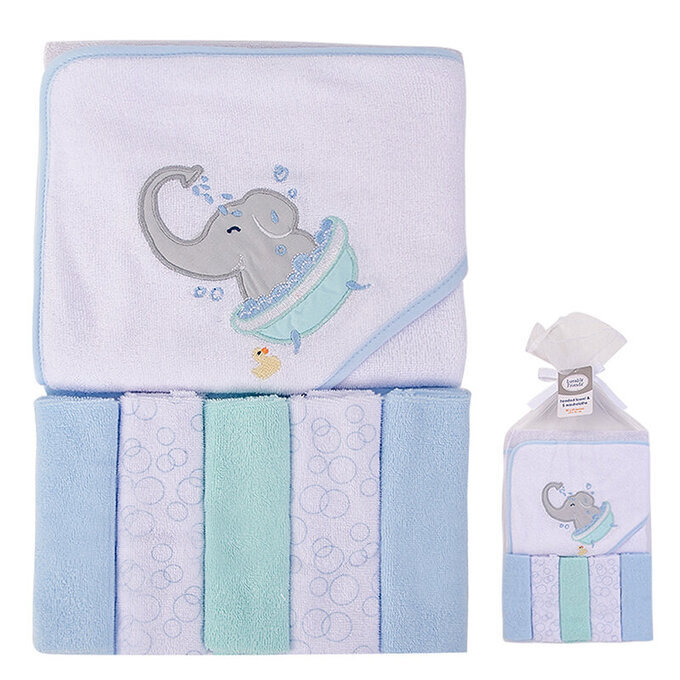 美國 luvable friends 甜蜜寶貝 嬰幼兒可愛動物連帽浴巾+小方巾/洗澡巾(共6入，送禮自用皆可) 76x76cm_大象洗澡_LF05280