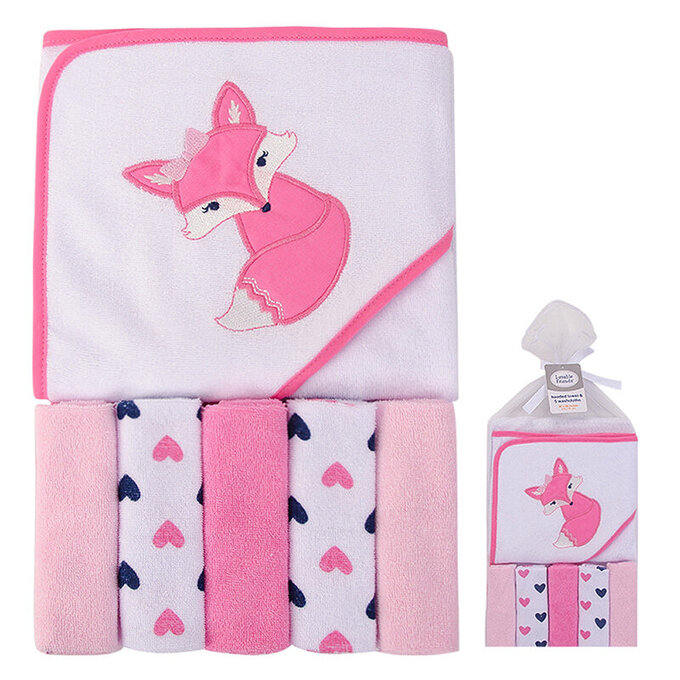 美國 luvable friends 甜蜜寶貝 嬰幼兒可愛動物連帽浴巾+小方巾/洗澡巾(共6入，送禮自用皆可) 76x76cm_狐狸甜心_LF05286
