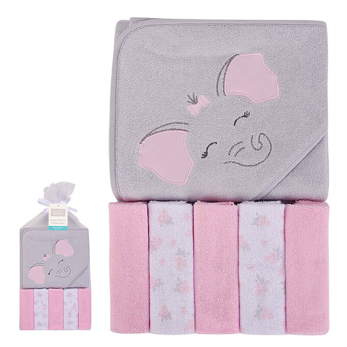 美國 luvable friends 甜蜜寶貝 嬰幼兒可愛動物連帽浴巾+小方巾/洗澡巾(共6入，送禮自用皆可) 76x76cm_萌萌象_LF57846