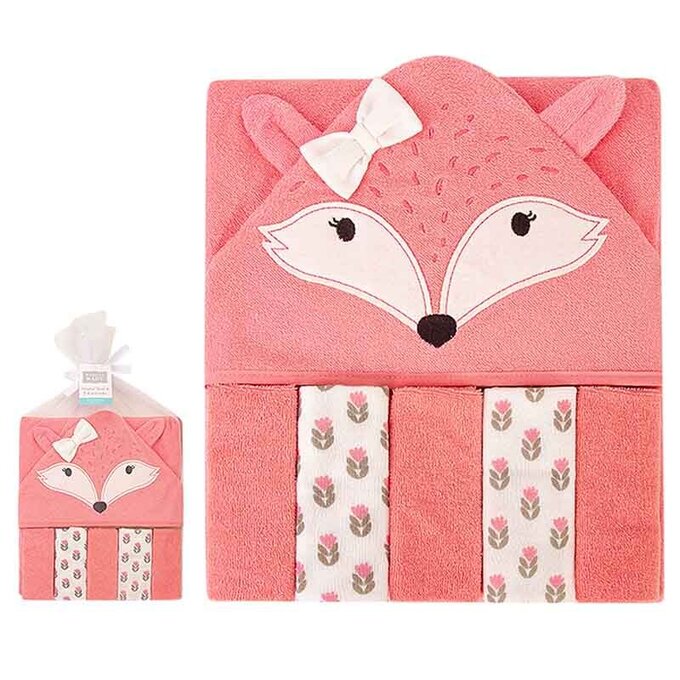 美國 luvable friends 甜蜜寶貝 嬰幼兒可愛動物連帽浴巾+小方巾/洗澡巾(共6入，送禮自用皆可) 76x76cm_萌萌狐狸_LF57904