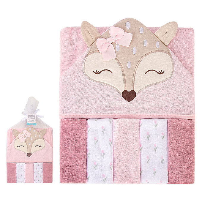 美國 luvable friends 甜蜜寶貝 嬰幼兒可愛動物連帽浴巾+小方巾/洗澡巾(共6入，送禮自用皆可) 76x76cm_美麗花鹿_LF57906