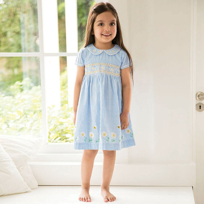 英國 JoJo Maman BeBe 超優質嬰幼兒/兒童短袖100％純棉洋裝_藍色條紋雛菊 (JJDP-d8100)
