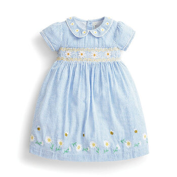 英國 JoJo Maman BeBe 超優質嬰幼兒/兒童短袖100％純棉洋裝_藍色條紋雛菊 (JJDP-d8100)-