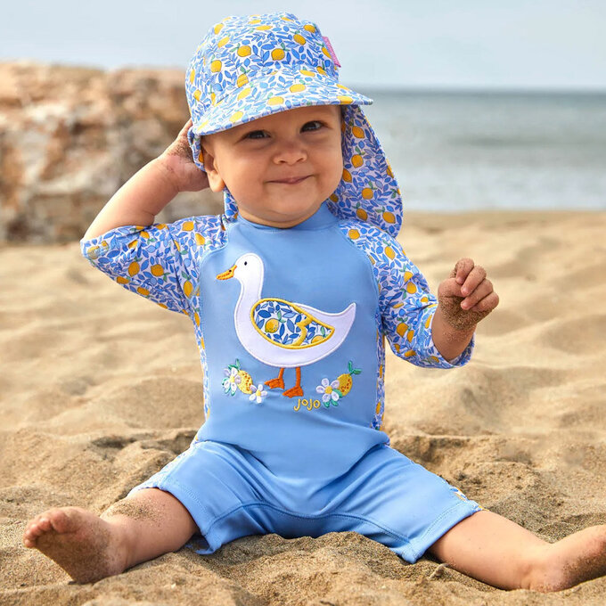 英國 JoJo Maman BeBe 嬰幼兒/兒童連身式防曬泳裝_夏日檸檬鴨_JJH3970