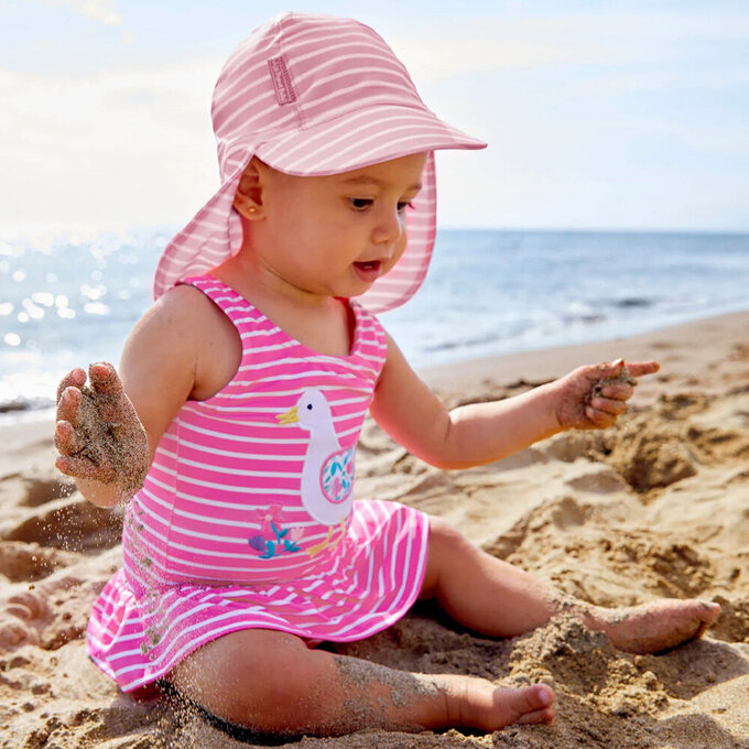 英國 JoJo Maman BeBe 嬰幼兒/兒童泳裝戲水UPF50+防曬護頸遮陽帽_粉嫩條紋_JJH2458