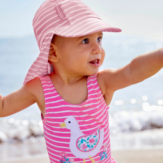 英國 JoJo Maman BeBe 嬰幼兒/兒童泳裝戲水UPF50+防曬護頸遮陽帽_粉嫩條紋_JJH2458