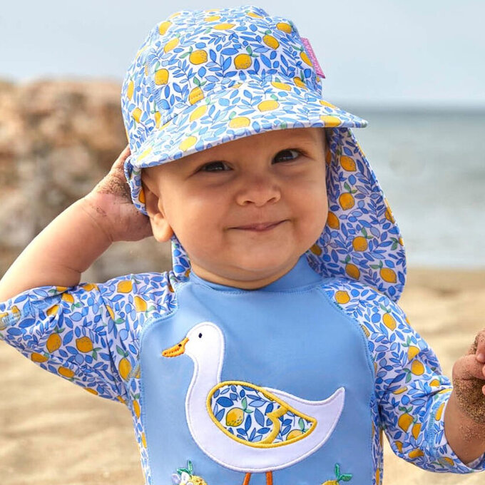 英國 JoJo Maman BeBe 嬰幼兒/兒童泳裝戲水UPF50+防曬護頸遮陽帽_夏日檸檬_JJH3972