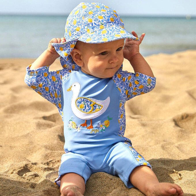 英國 JoJo Maman BeBe 嬰幼兒/兒童泳裝戲水UPF50+防曬護頸遮陽帽_夏日檸檬_JJH3972