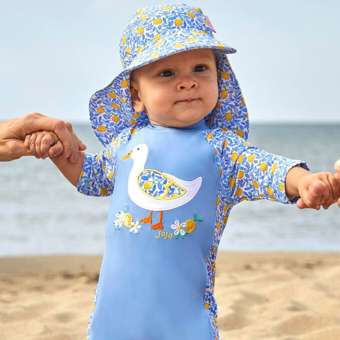 英國 JoJo Maman BeBe 嬰幼兒/兒童泳裝戲水UPF50+防曬護頸遮陽帽_夏日檸檬_JJH3972