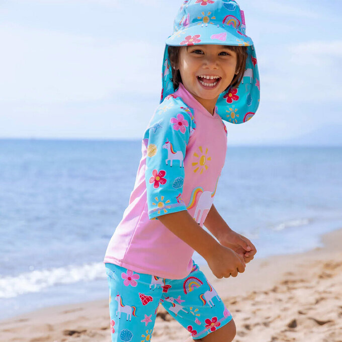 英國 JoJo Maman BeBe 嬰幼兒/兒童泳裝戲水UPF50+防曬護頸遮陽帽_童話世界_JJH3975