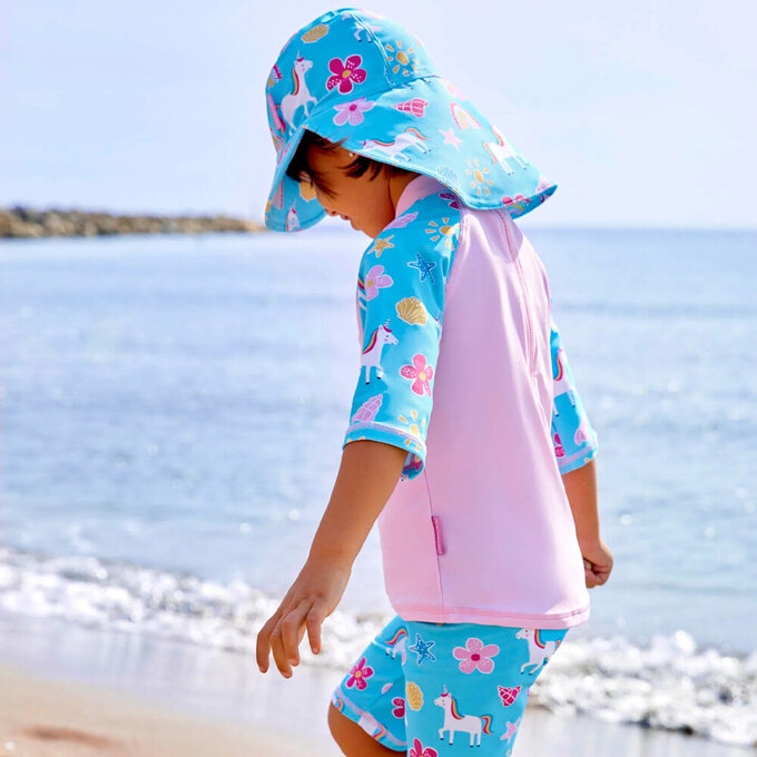 英國 JoJo Maman BeBe 嬰幼兒/兒童泳裝戲水UPF50+防曬護頸遮陽帽_童話世界_JJH3975