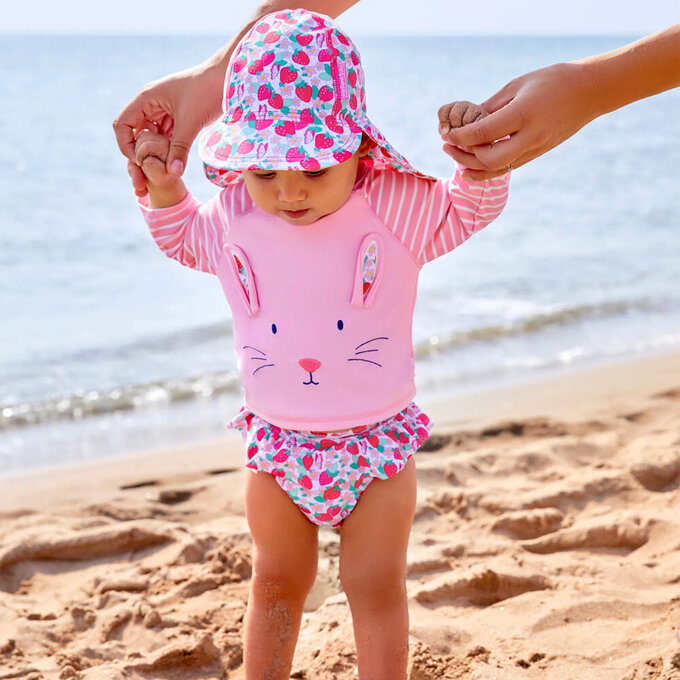 英國 JoJo Maman BeBe 嬰幼兒/兒童泳裝戲水UPF50+防曬護頸遮陽帽_甜蜜草莓_JJH3978