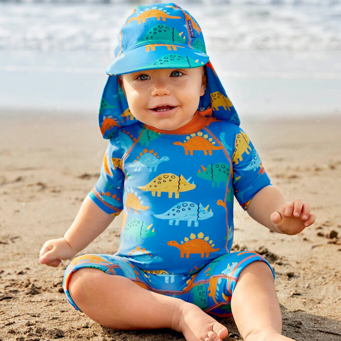 英國 JoJo Maman BeBe 嬰幼兒/兒童泳裝戲水UPF50+防曬護頸遮陽帽_恐龍圖鑑_JJH3936