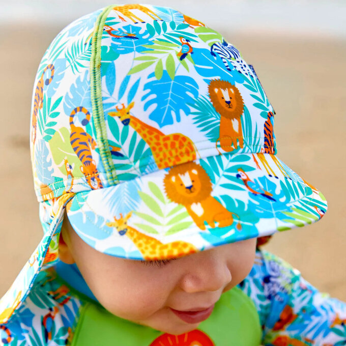 英國 JoJo Maman BeBe 嬰幼兒/兒童泳裝戲水UPF50+防曬護頸遮陽帽_叢林探險_JJH9682