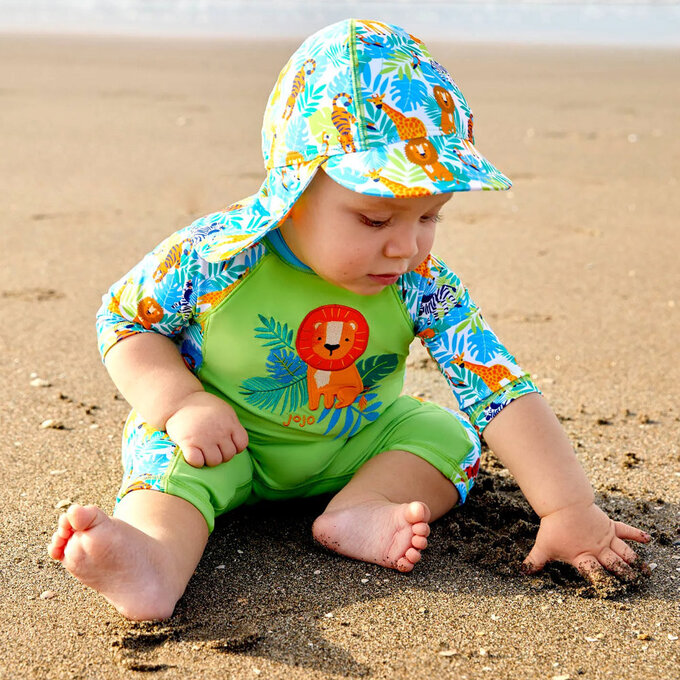 英國 JoJo Maman BeBe 嬰幼兒/兒童泳裝戲水UPF50+防曬護頸遮陽帽_叢林探險_JJH9682