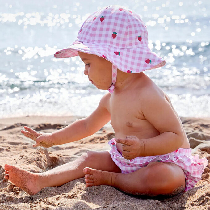 英國 JoJo Maman BeBe 嬰幼兒/兒童泳裝戲水UPF50+綁帶遮陽帽_草莓甜心_JJH3968