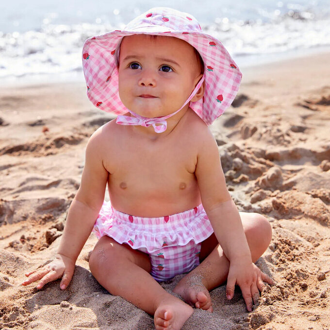 英國 JoJo Maman BeBe 嬰幼兒/兒童泳裝戲水UPF50+綁帶遮陽帽_草莓甜心_JJH3968