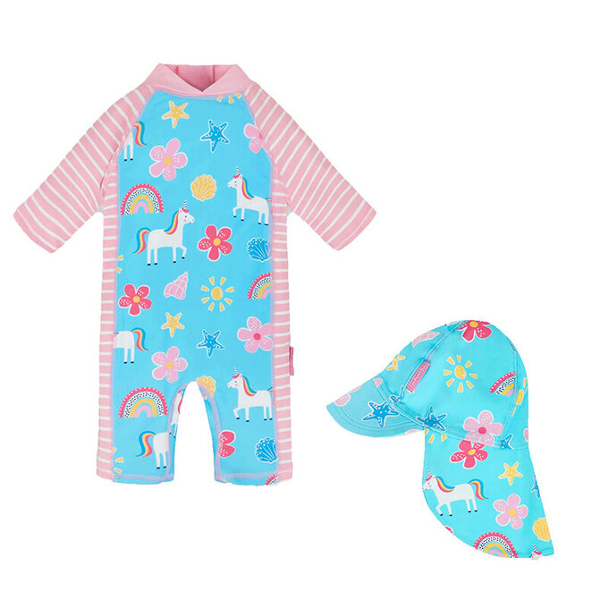 【超優惠套組】 英國 JoJo Maman BeBe 連身式泳裝+防曬護頸遮陽帽_JJG011