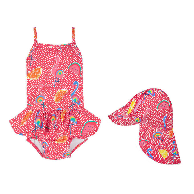 【超優惠套組】 英國 JoJo Maman BeBe 連身式泳裝(內有尿布褲)+防曬護頸遮陽帽_JJG015