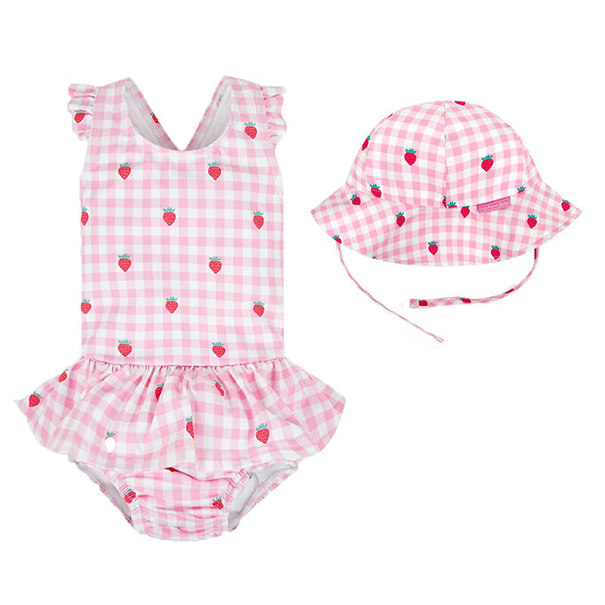 【超優惠套組】 英國 JoJo Maman BeBe 連身式泳裝(內有尿布褲)+綁帶遮陽帽_JJG017