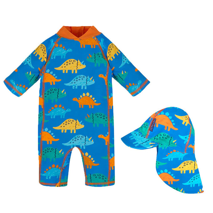 【超優惠套組】 英國 JoJo Maman BeBe 連身式泳裝+防曬護頸遮陽帽_JJB009