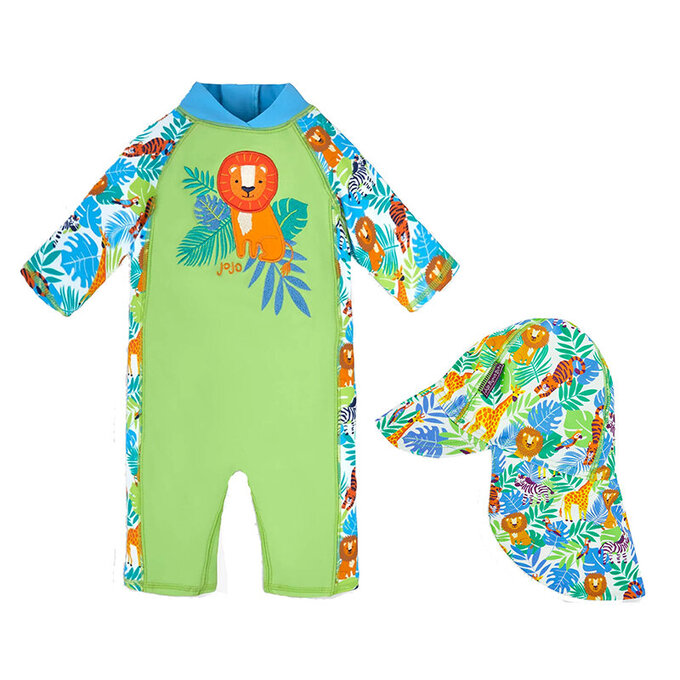 【超優惠套組】 英國 JoJo Maman BeBe 連身式泳裝+防曬護頸遮陽帽_JJB010