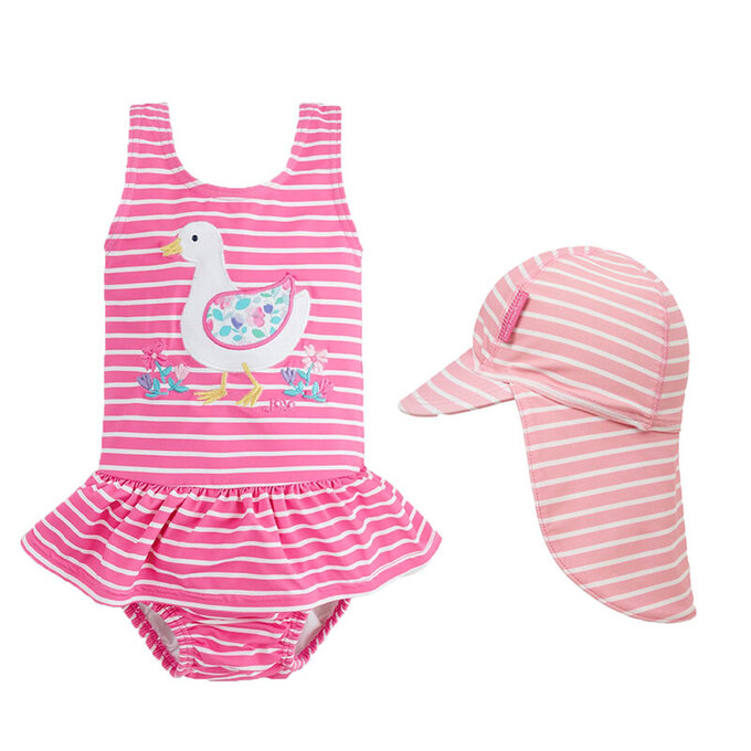 【超優惠套組】 英國 JoJo Maman BeBe 連身式泳裝(內有尿布褲)+防曬護頸遮陽帽_JJG014