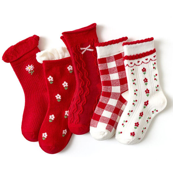 【腳ㄚ子】幼/兒童棉質中筒襪_絳紅飛花_ilbG001