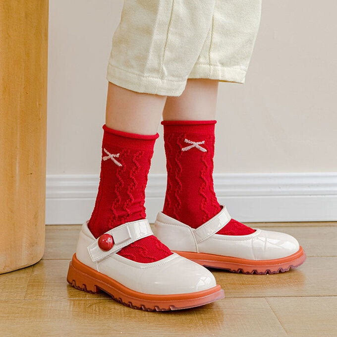 【腳ㄚ子】幼/兒童棉質中筒襪_絳紅飛花_ilbG001