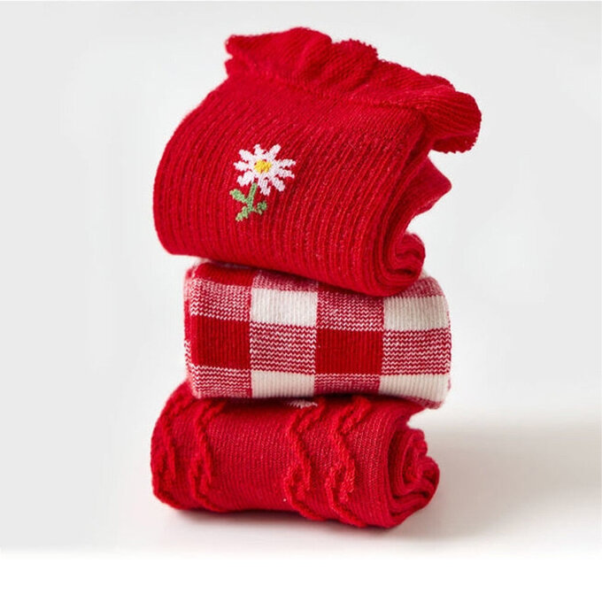 【腳ㄚ子】幼/兒童棉質中筒襪_絳紅飛花_ilbG001