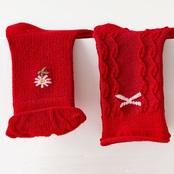 【腳ㄚ子】幼/兒童棉質中筒襪_絳紅飛花_ilbG001