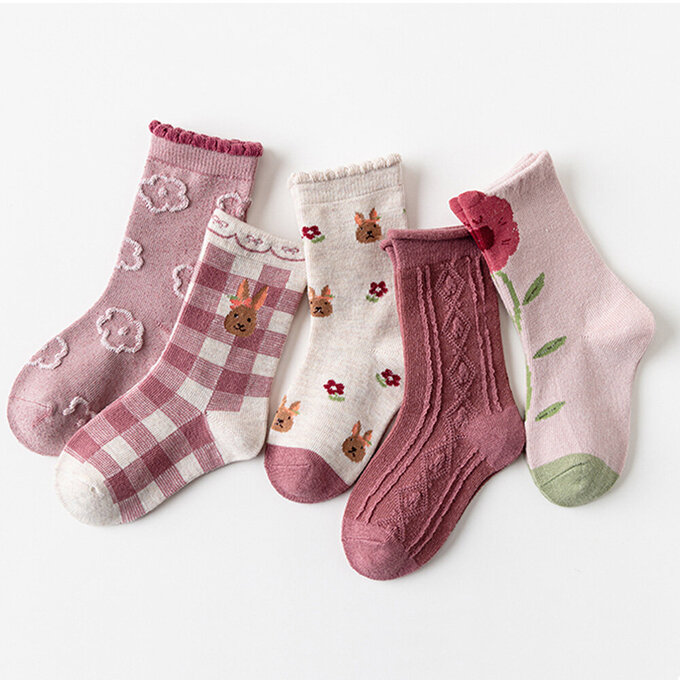 【腳ㄚ子】幼/兒童棉質中筒襪_緋紅花舞_ilbG002