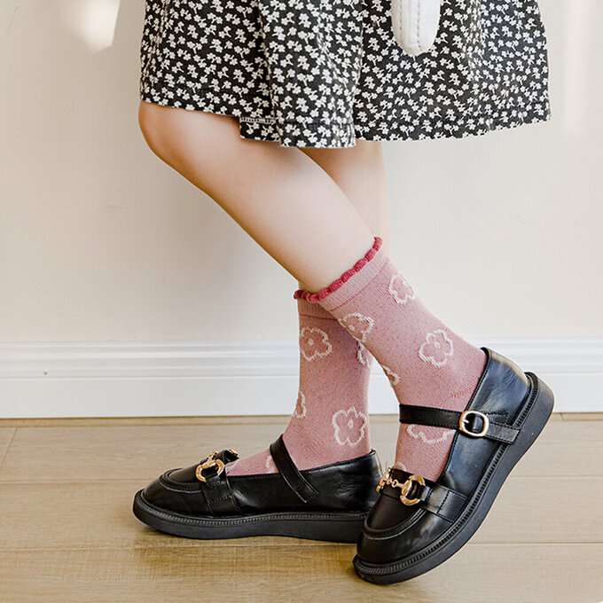 【腳ㄚ子】幼/兒童棉質中筒襪_緋紅花舞_ilbG002