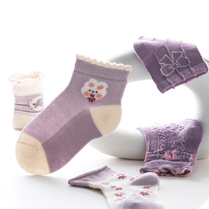 【腳ㄚ子】幼/兒童棉質中筒襪_溫柔紫花_ilbG004