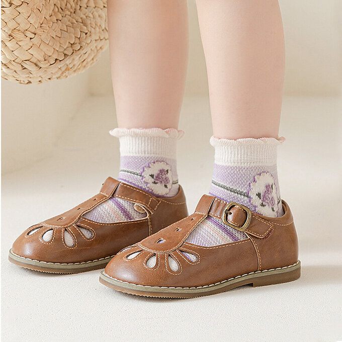 【腳ㄚ子】幼/兒童棉質中筒襪_溫柔紫花_ilbG004